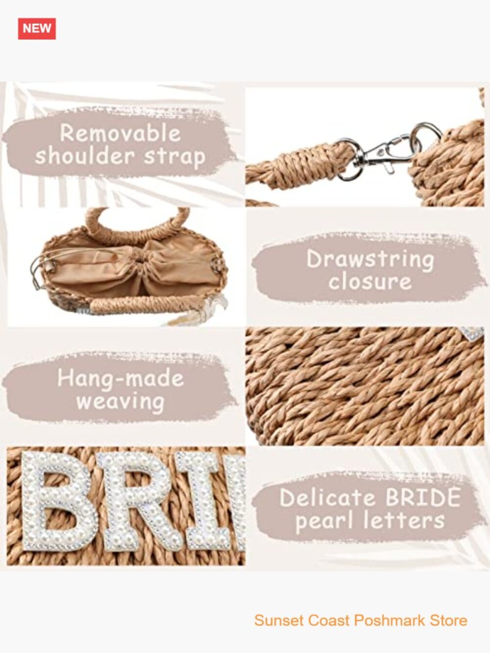 Straw Handwoven Pouch Tote Bride Gift Bag Rhinestone Letter - Picture 5 of 7